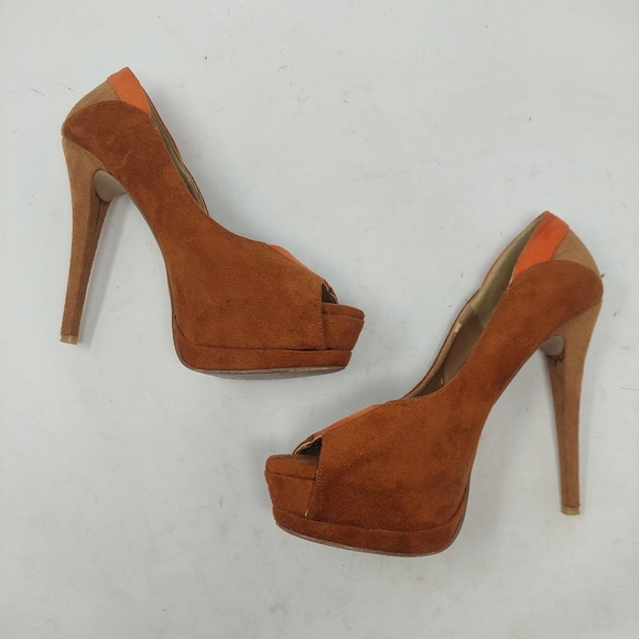 LOB Footwear Brown Orange Faux Suede Two Tone Platform Peep Toe High Heels Sz 6 - Picture 4 of 10